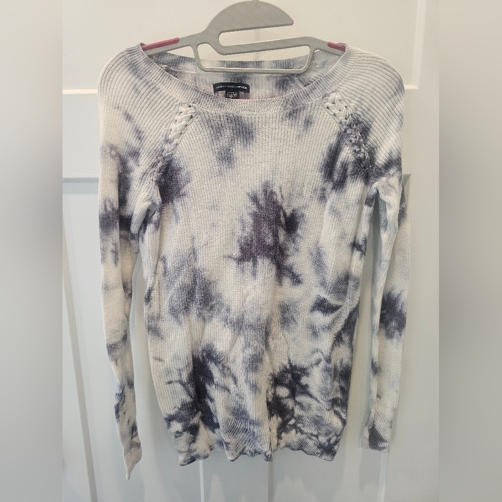 American Eagle Gray Tie-Dye Sweater XS – Braided Shoulder Rib Knit Pullover